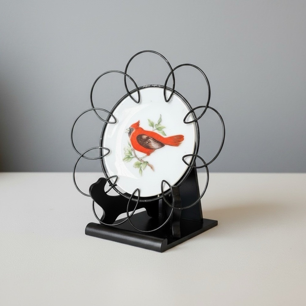 Vintage Japan Mini Porcelain Cardinal Bird Plate Wire Loop Frame Wall Hanging